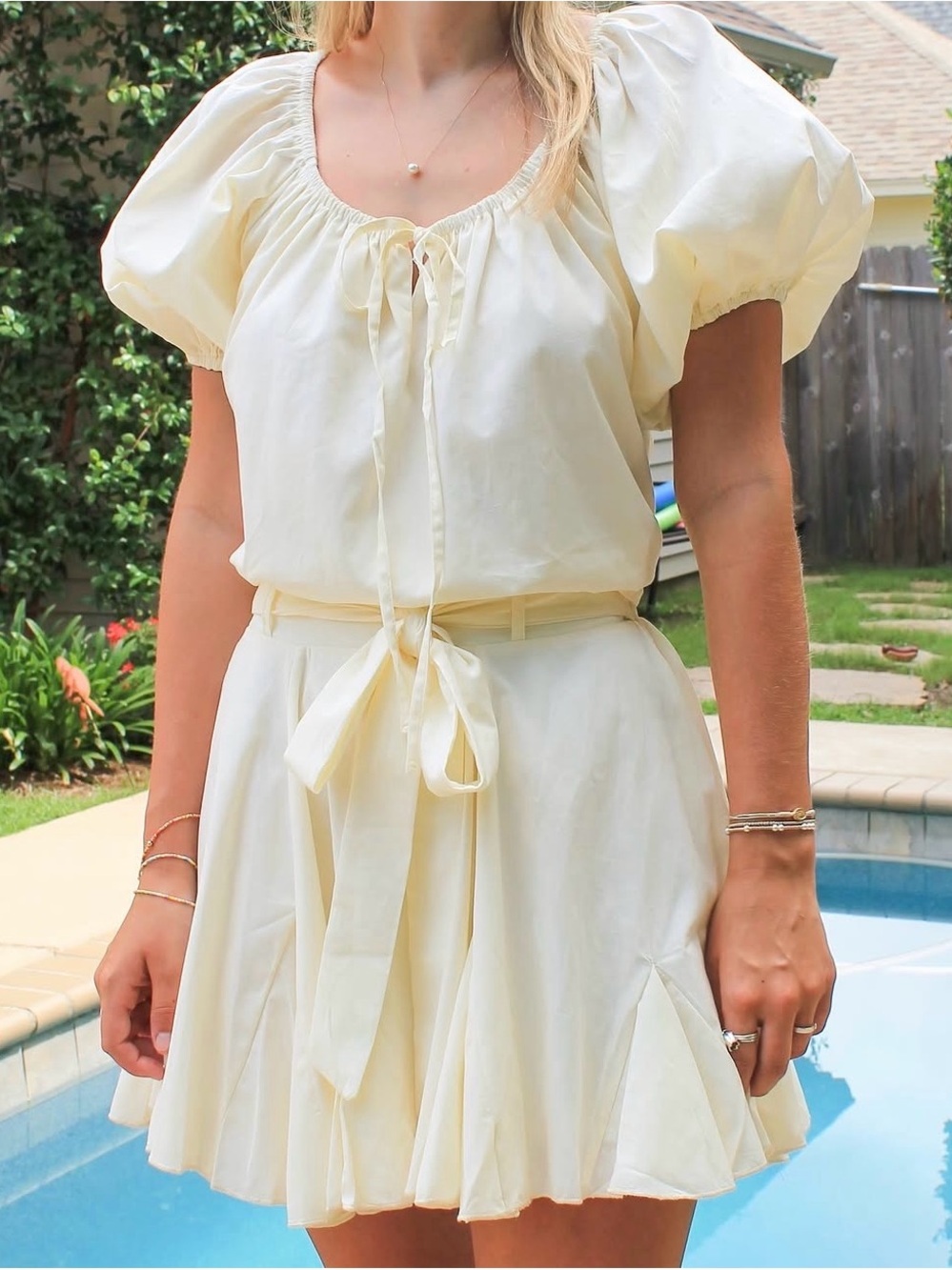 Elegant Cream Puff-Sleeve Skirt Set - Lightweight Summer Two-Piece